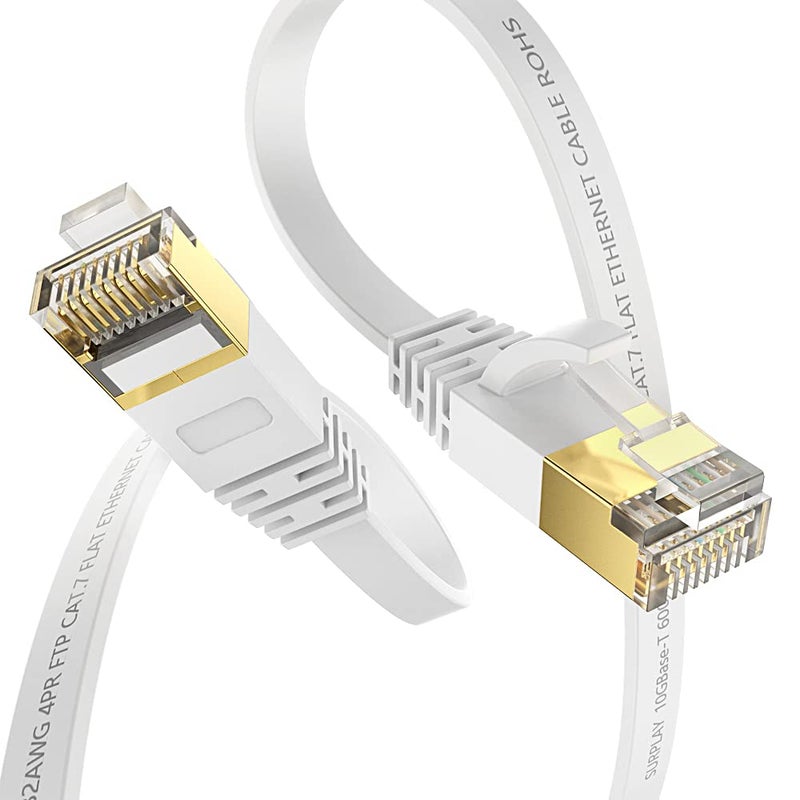 Surplay Cat7 20FT-2Pack Ethernet Cable Flat-White-10Gbps Internet Network Cord,High Speed Gold-Plated RJ45 Double Shielded with Ground Wire & Cable-Tie for PS5/4,Xbox,TV,Router,PC,NAS - Image 2